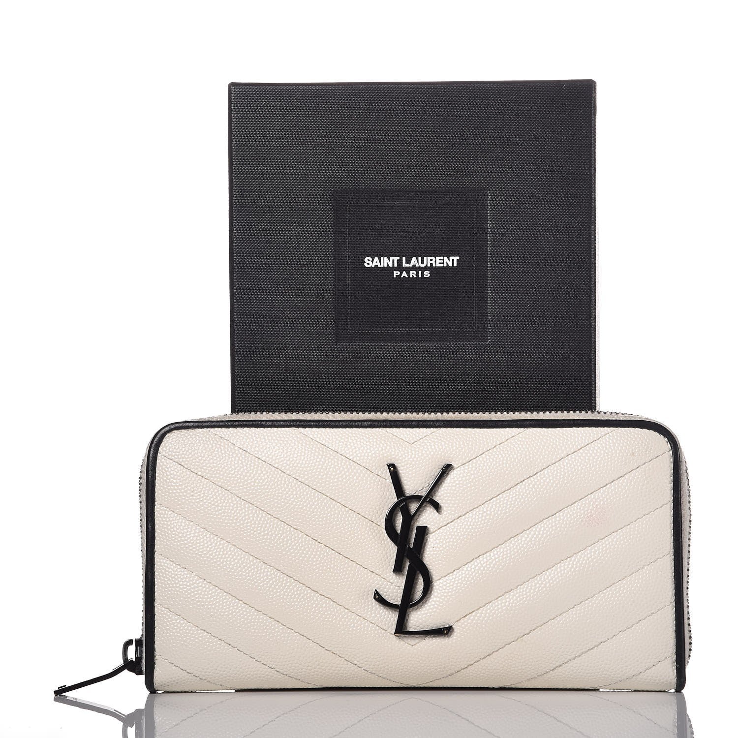 Saint Laurent Grain De Poudre Matelasse Chevron Monogram Zip Around Wallet Porcellana Black 10 of 10