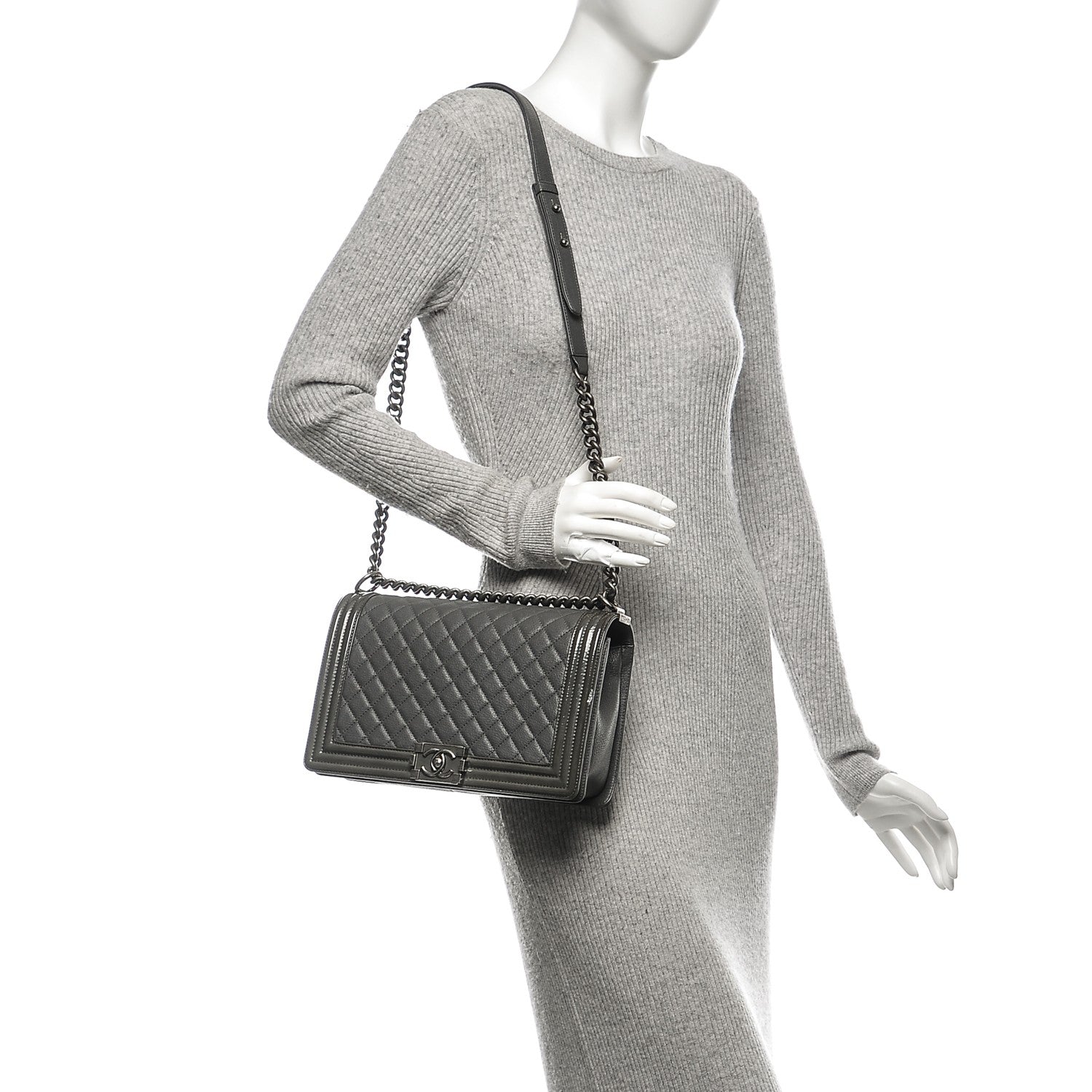 Chanel Goatskin Patent Quilted New Medium Boy Flap Grey 9 of 14