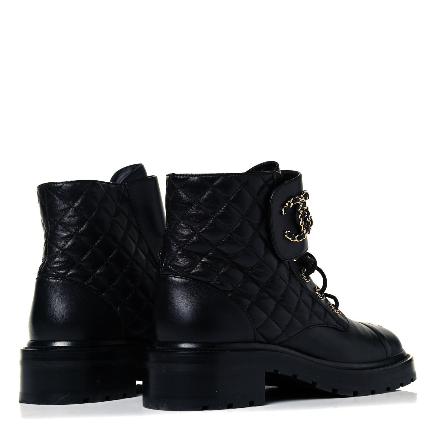 Shiny Lambskin Quilted Lace Up Combat Boots 41 Black
