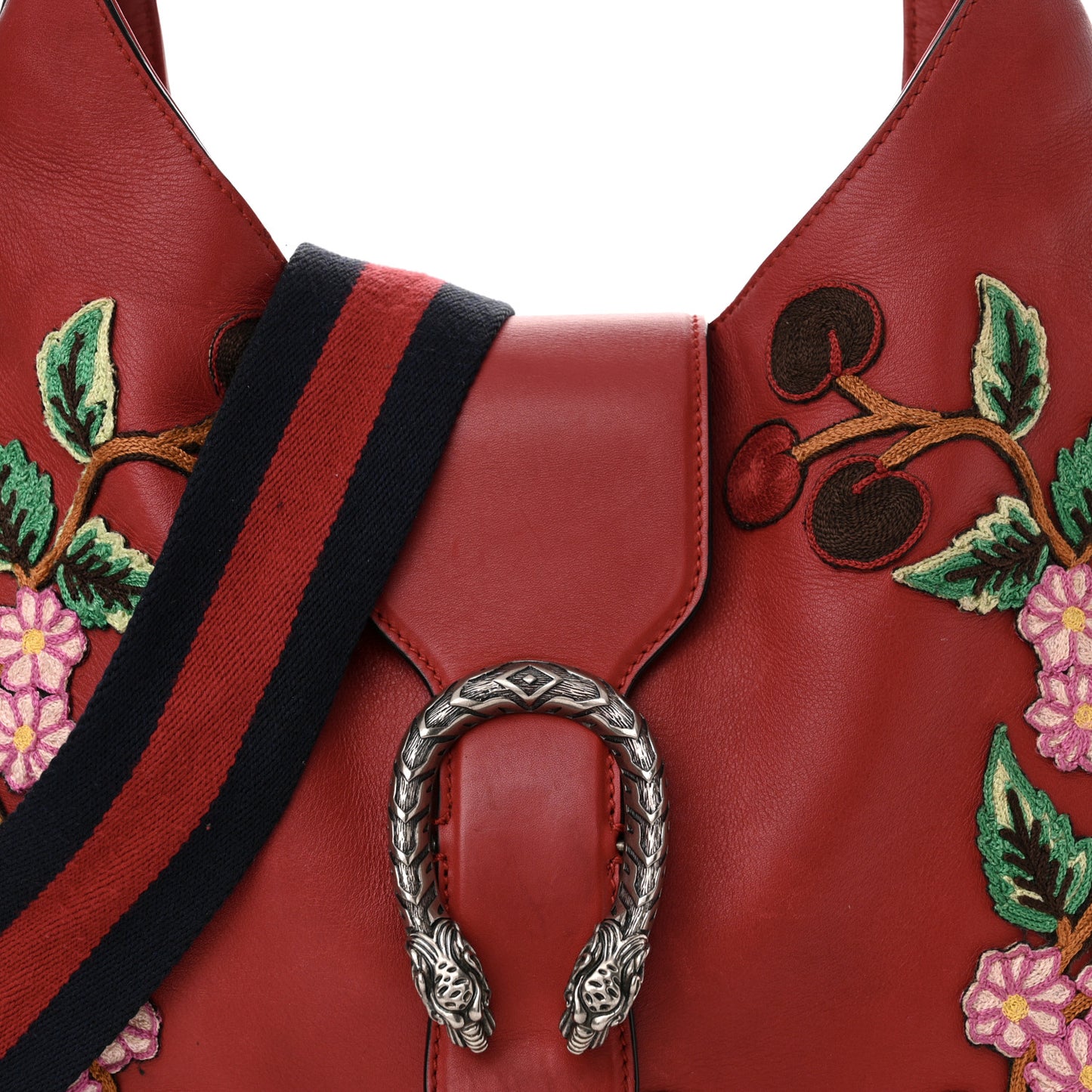 Calfskin Web Embroidered Medium Dionysus Hobo Hibiscus Red