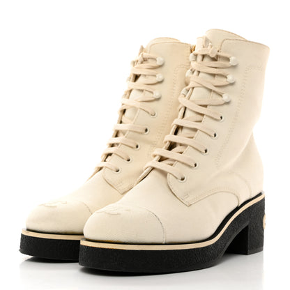 Chanel Fabric CC Lace Up Boots 37 White 3 of 11