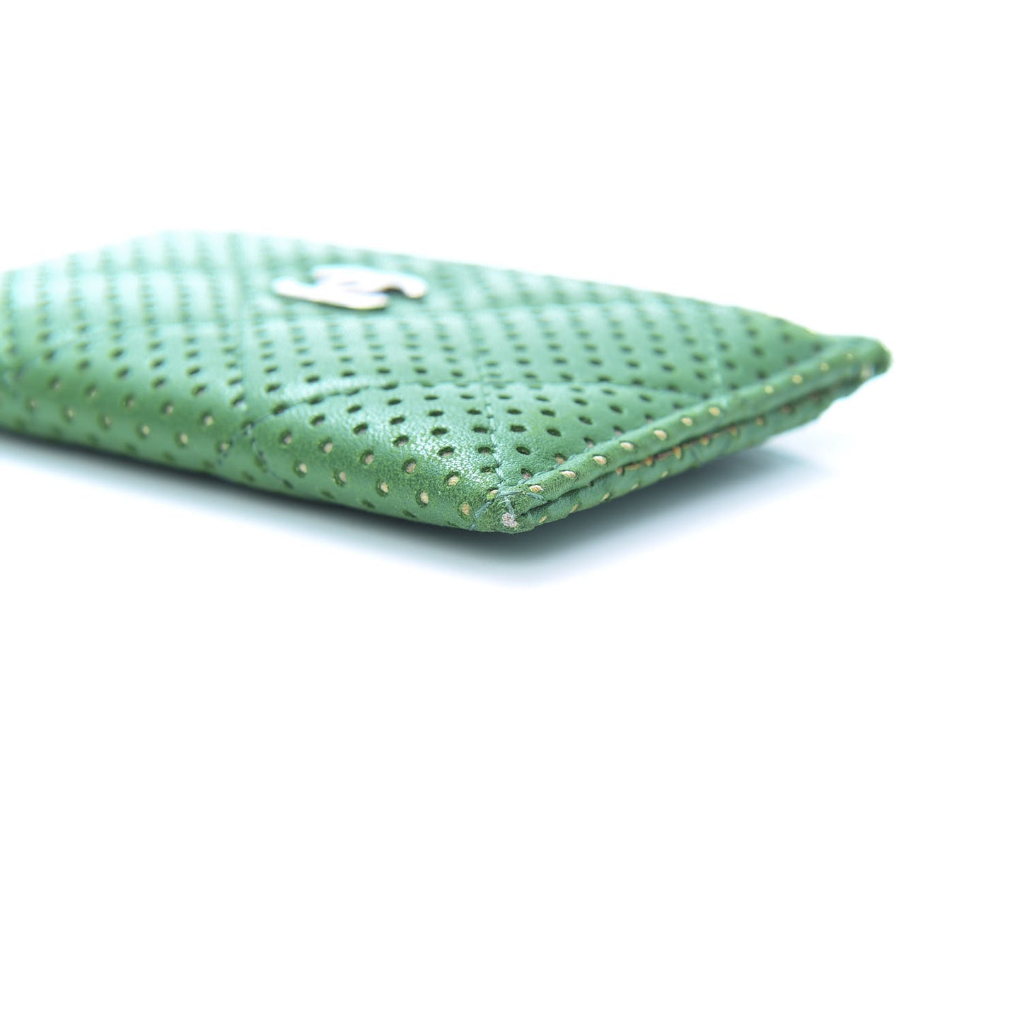 Perforated Lambskin Quilted Card Holder Green