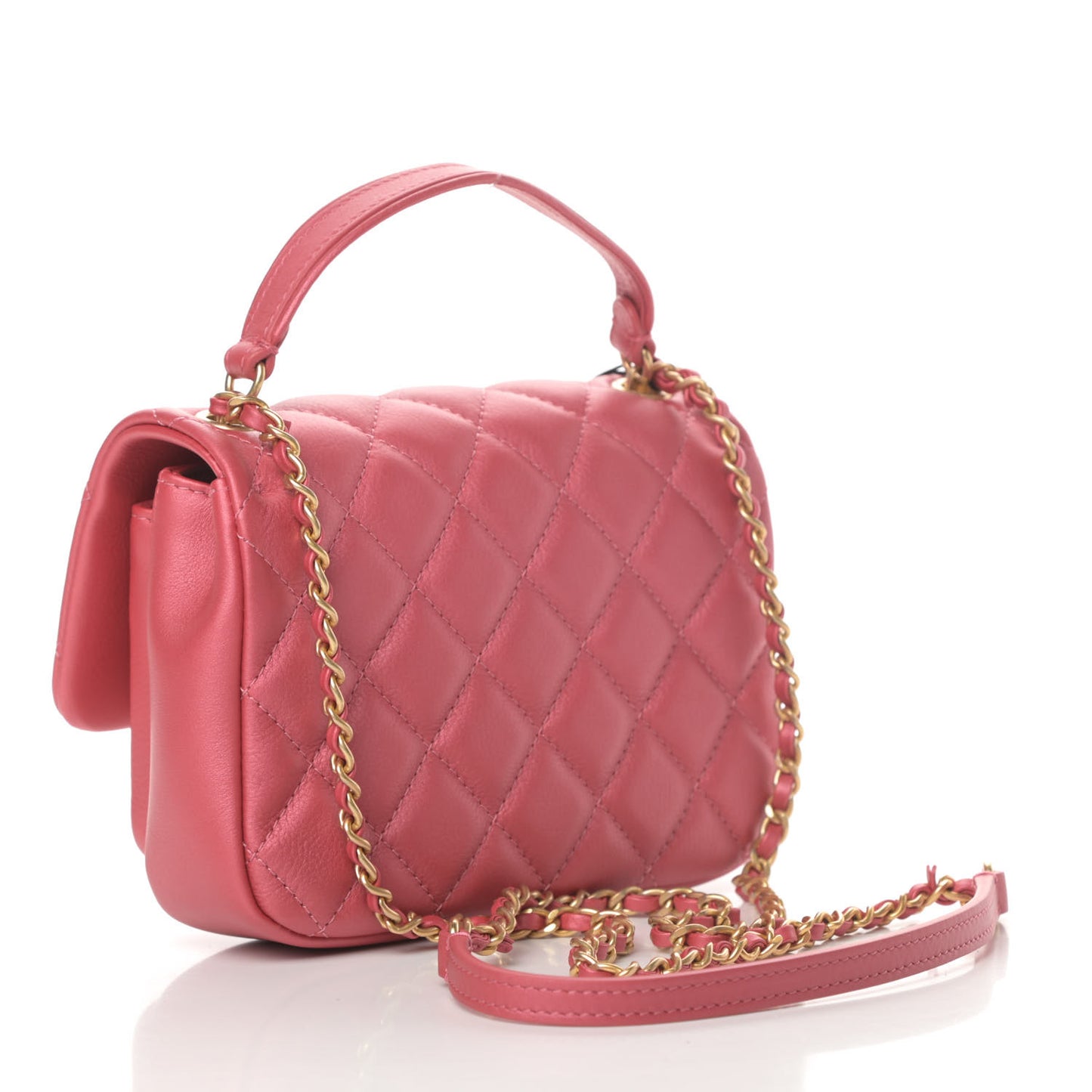 Calfskin Quilted Top Handle Flap Dark Pink