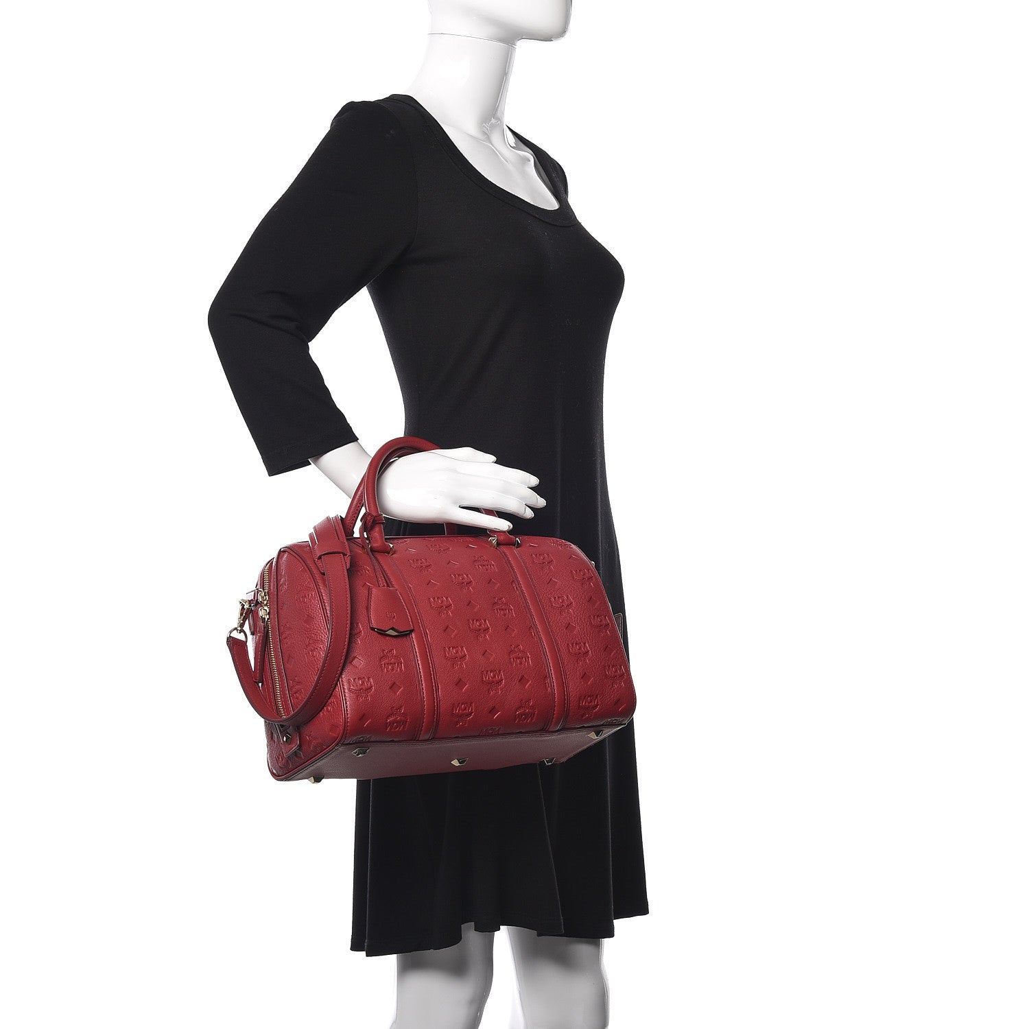 MCM Calfskin Ottomar Monogram Boston Bag Red 2 of 12