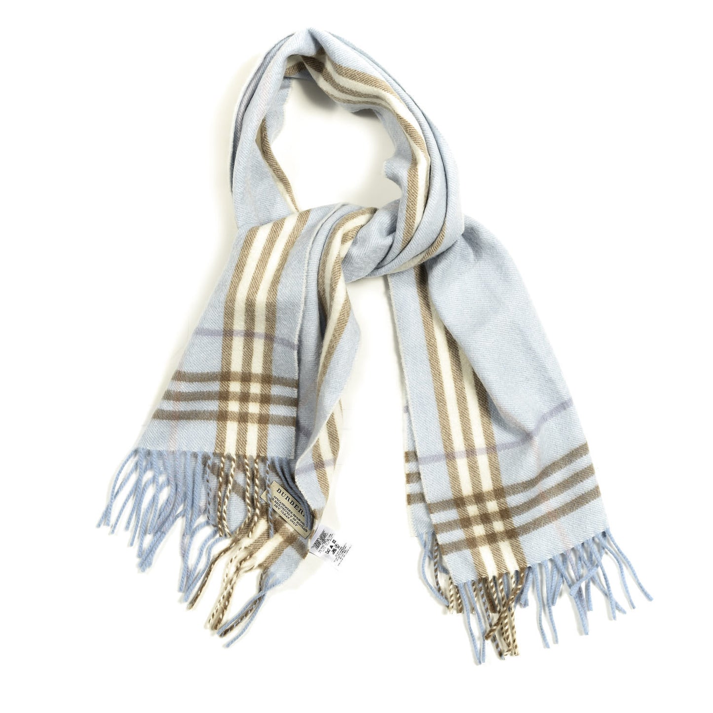Cashmere Wool Check Fringe Scarf Light Blue