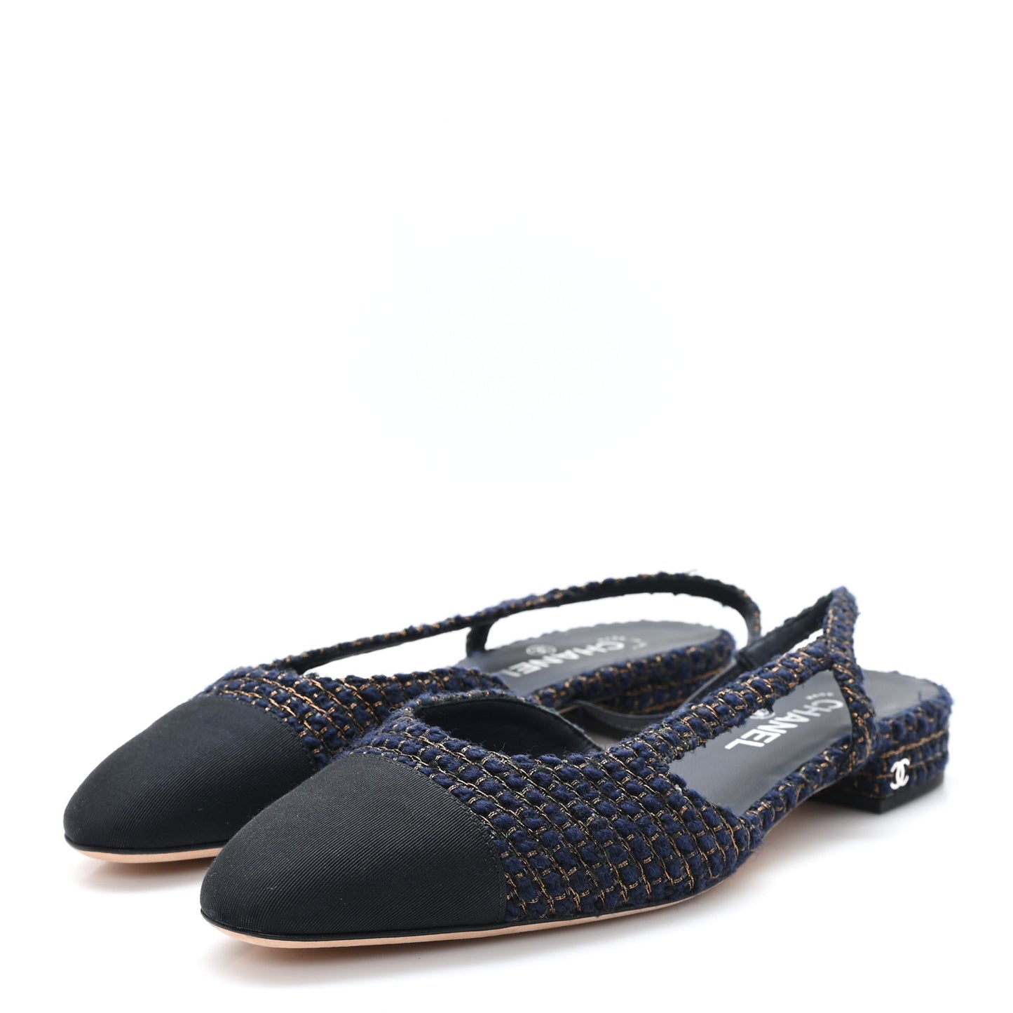Tweed Grosgrain Cap Toe CC Slingback Flats  40 Blue Gold