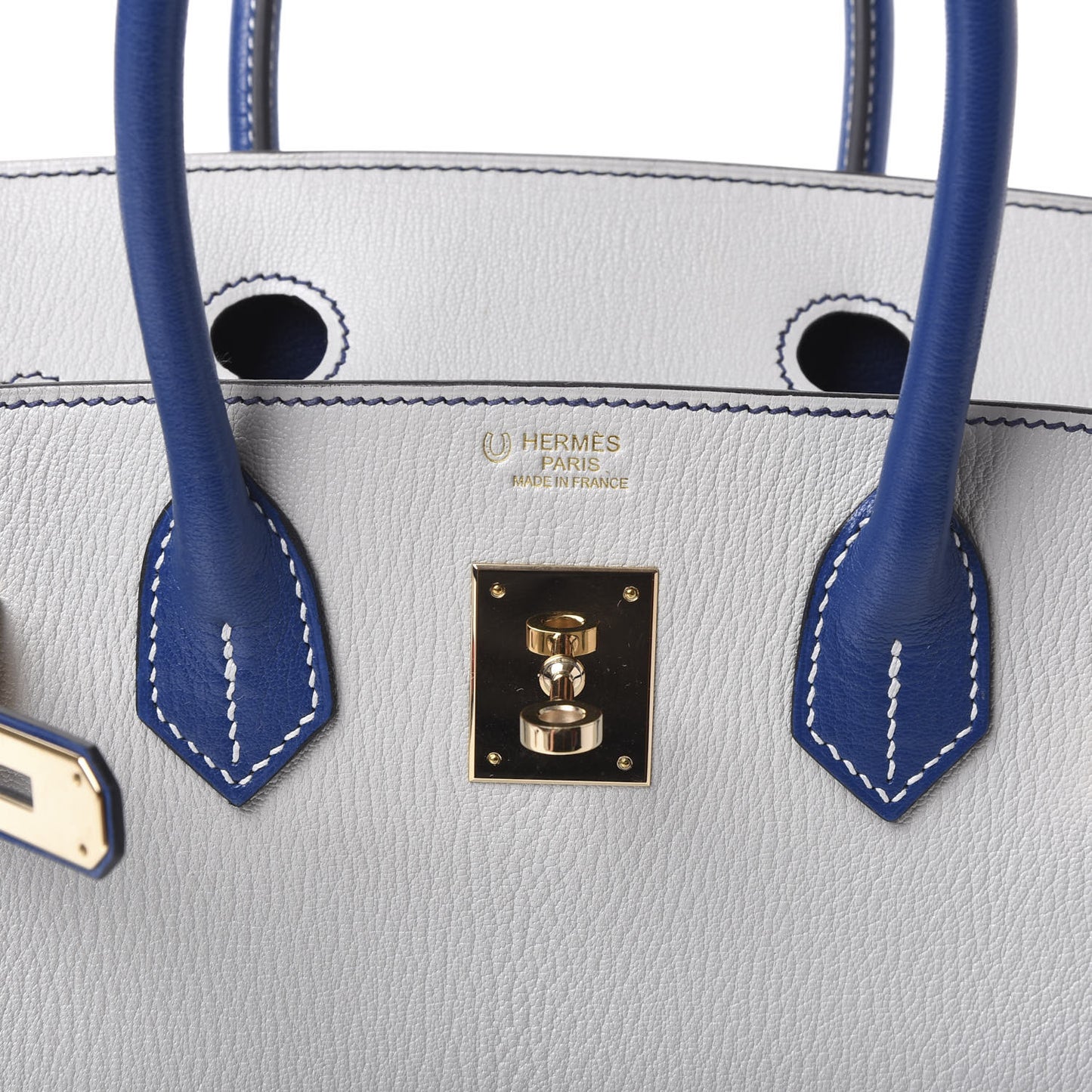 Chevre Mysore Bi-Color Horseshoe Birkin 30 Gris Perle Bleu Electrique
