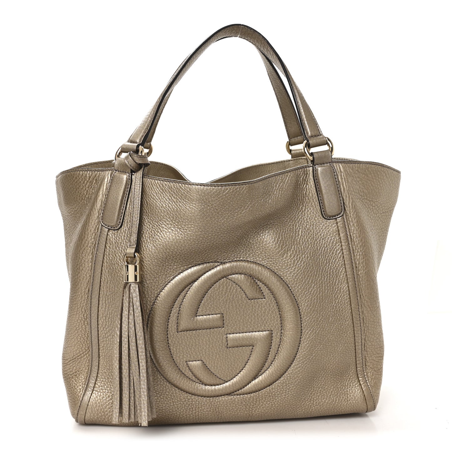 Metallic Pebbled Calfskin Medium Soho Shoulder Bag Golden Beige