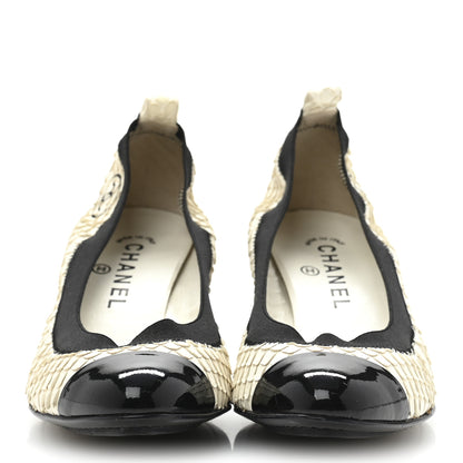 Chanel Snakeskin CC Elastic Cap Toe Ballerina Pumps 38 White Black 3 of 8