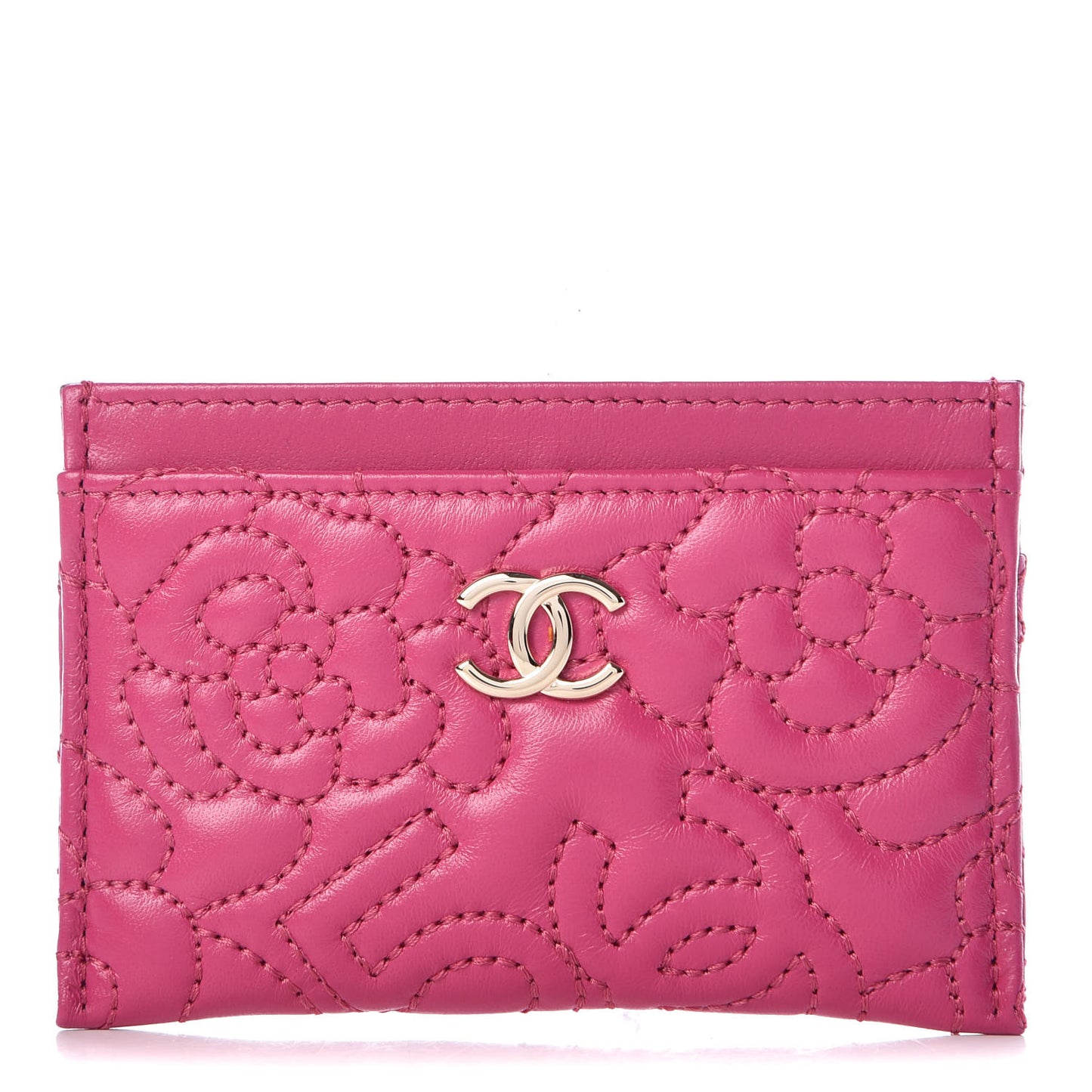 Lambskin Camellia Embossed Card Holder Fuchsia