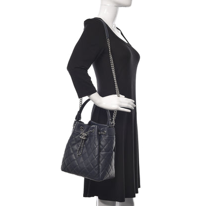 Chanel Grained Calfskin Quilted Medium CC Chain Bucket Drawstring Bag Blue 2 of 13