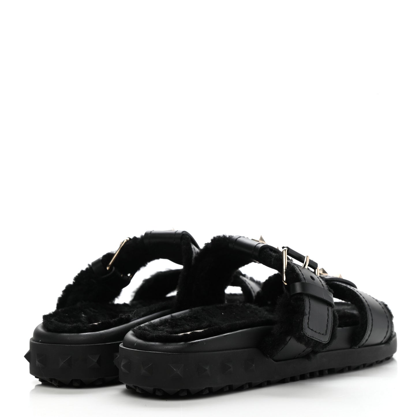Shearling Rockstud Slide Sandals 38 Black