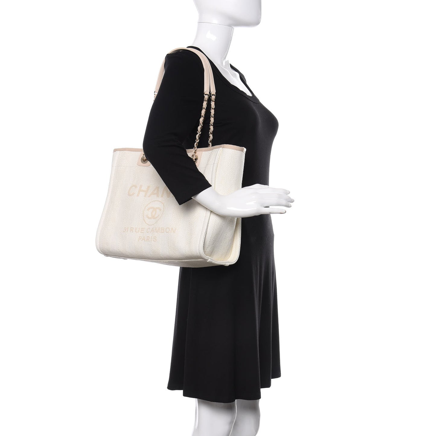 Straw Raffia Calfskin Striped Small Deauville Tote Beige