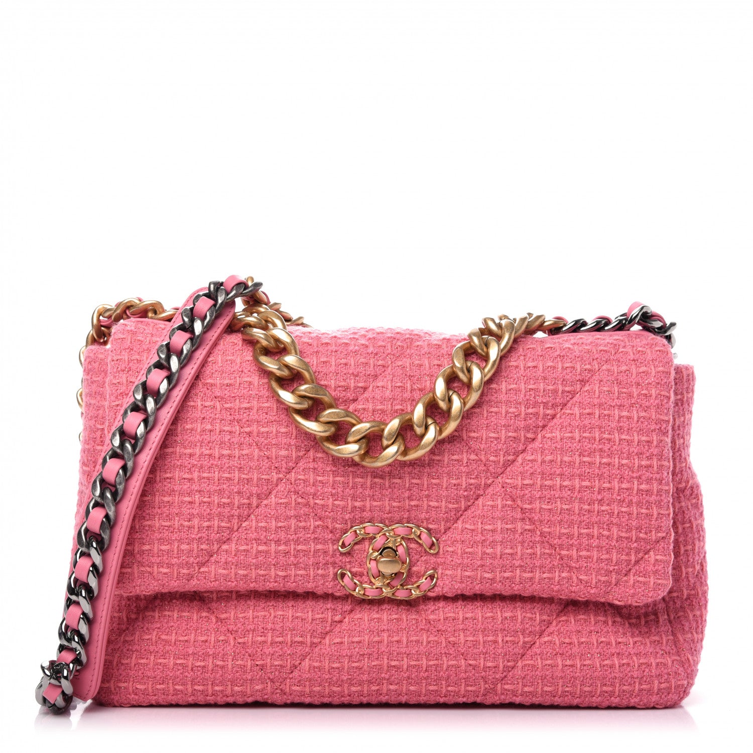 Chanel Metallic Tweed Quilted Large Chanel 19 Flap Pink 1 of 9
