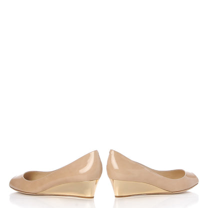 Jimmy Choo Patent Bergen Peep Toe Low Wedge Pumps 38.5 Beige 6 of 12