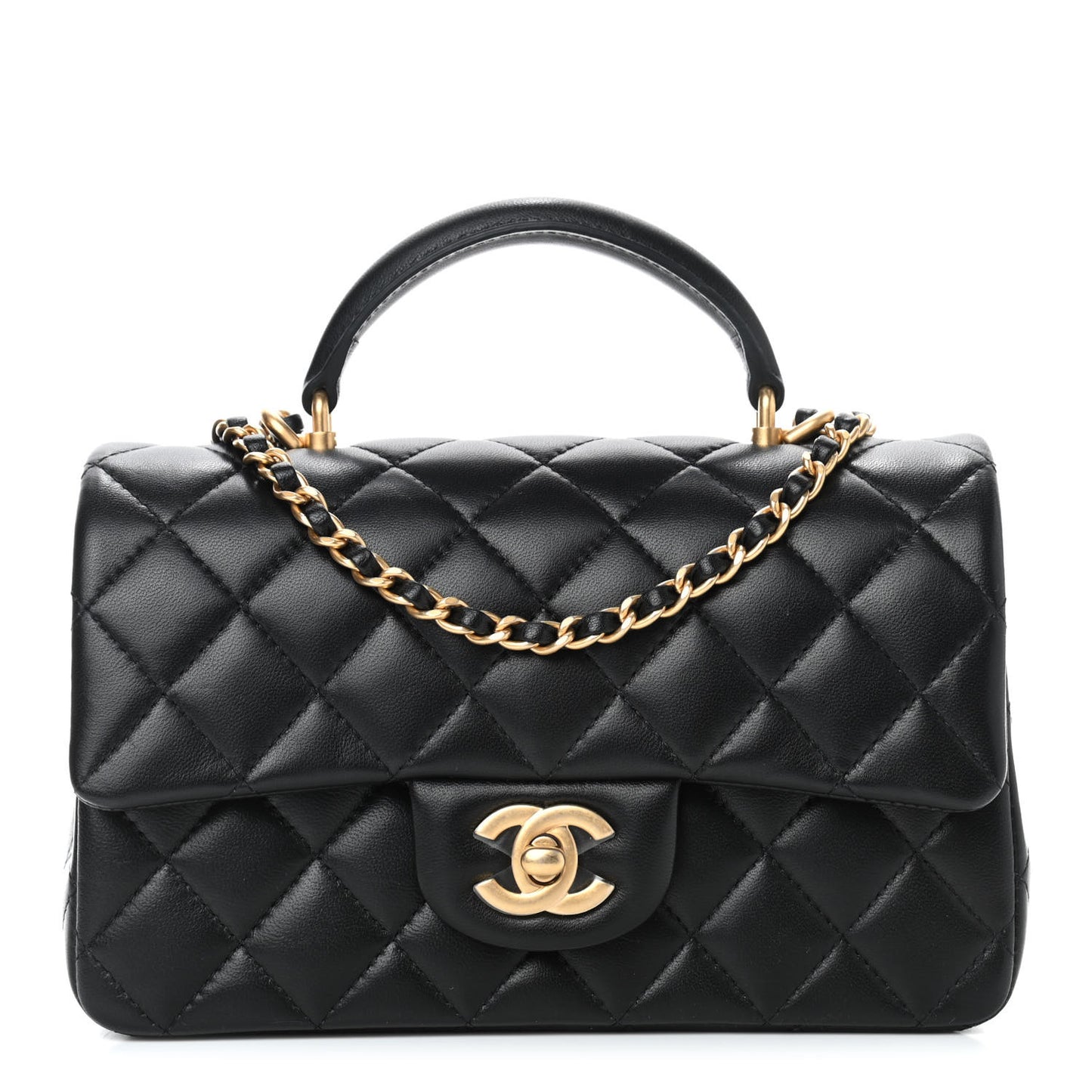 Lambskin Quilted Mini Top Handle Rectangular Flap Black