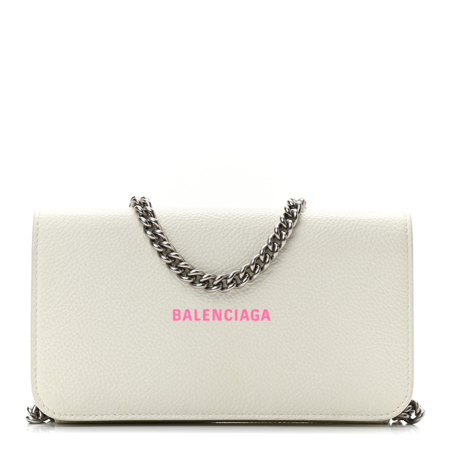 Grained Calfskin Logo Cash Phone Holder Wallet On Chain White Fluo Pink