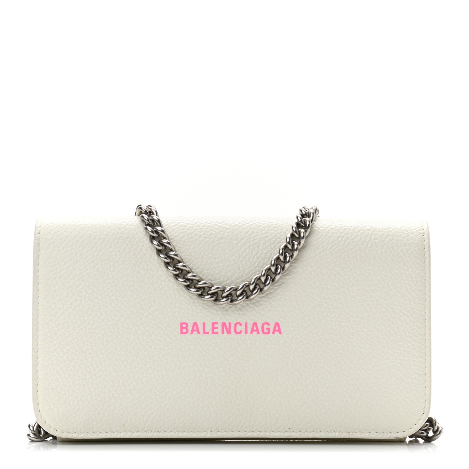 Balenciaga Grained Calfskin Logo Cash Phone Holder Wallet On Chain White Fluo Pink 1 of 9