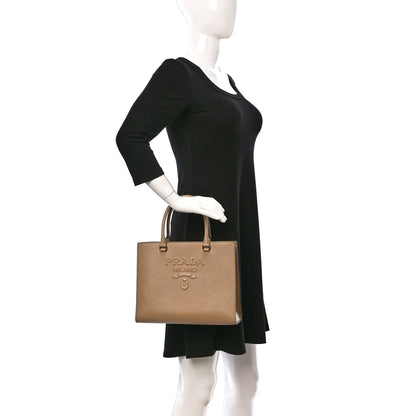 Prada Saffiano Lux Logo Embossed Medium Shoulder Tote Handbag Sabbia 2 of 9