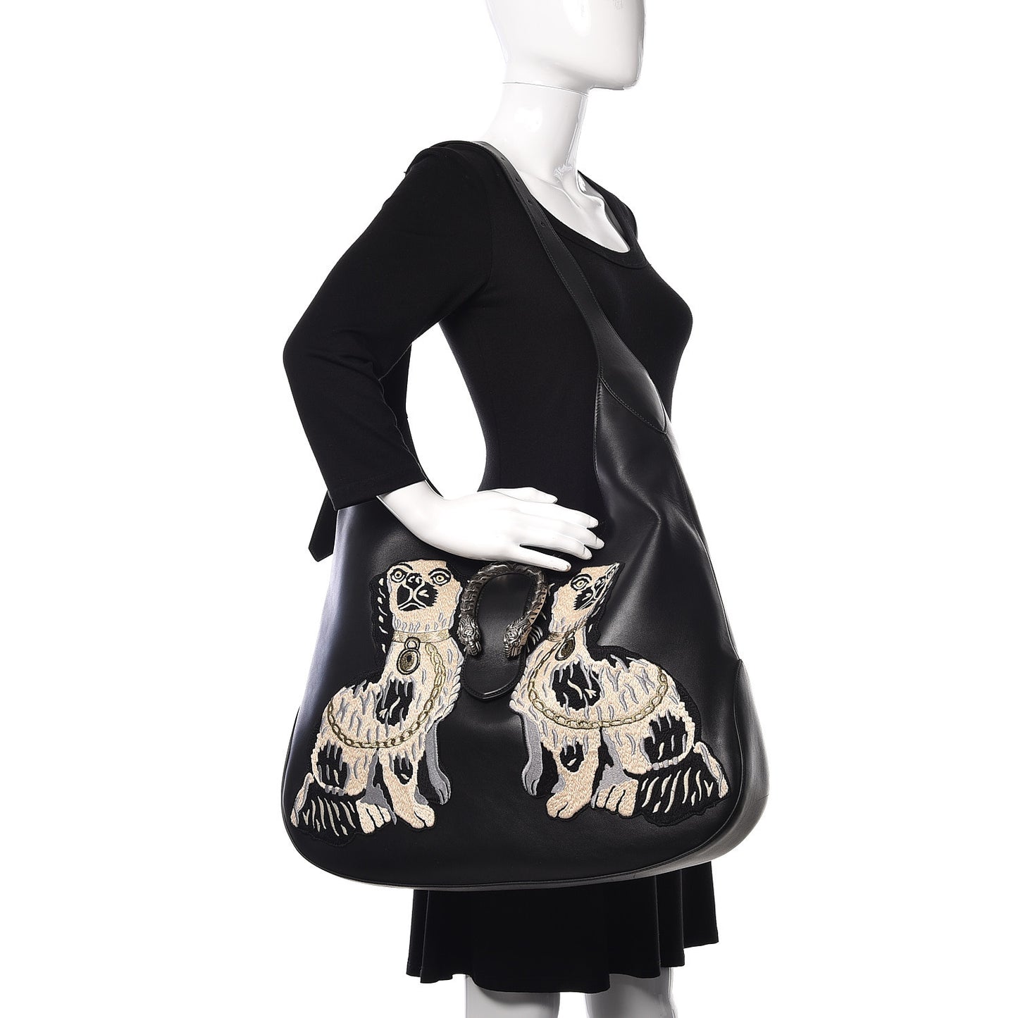 Calfskin Dog Embroidered Extra Large Dionysus Hobo Black