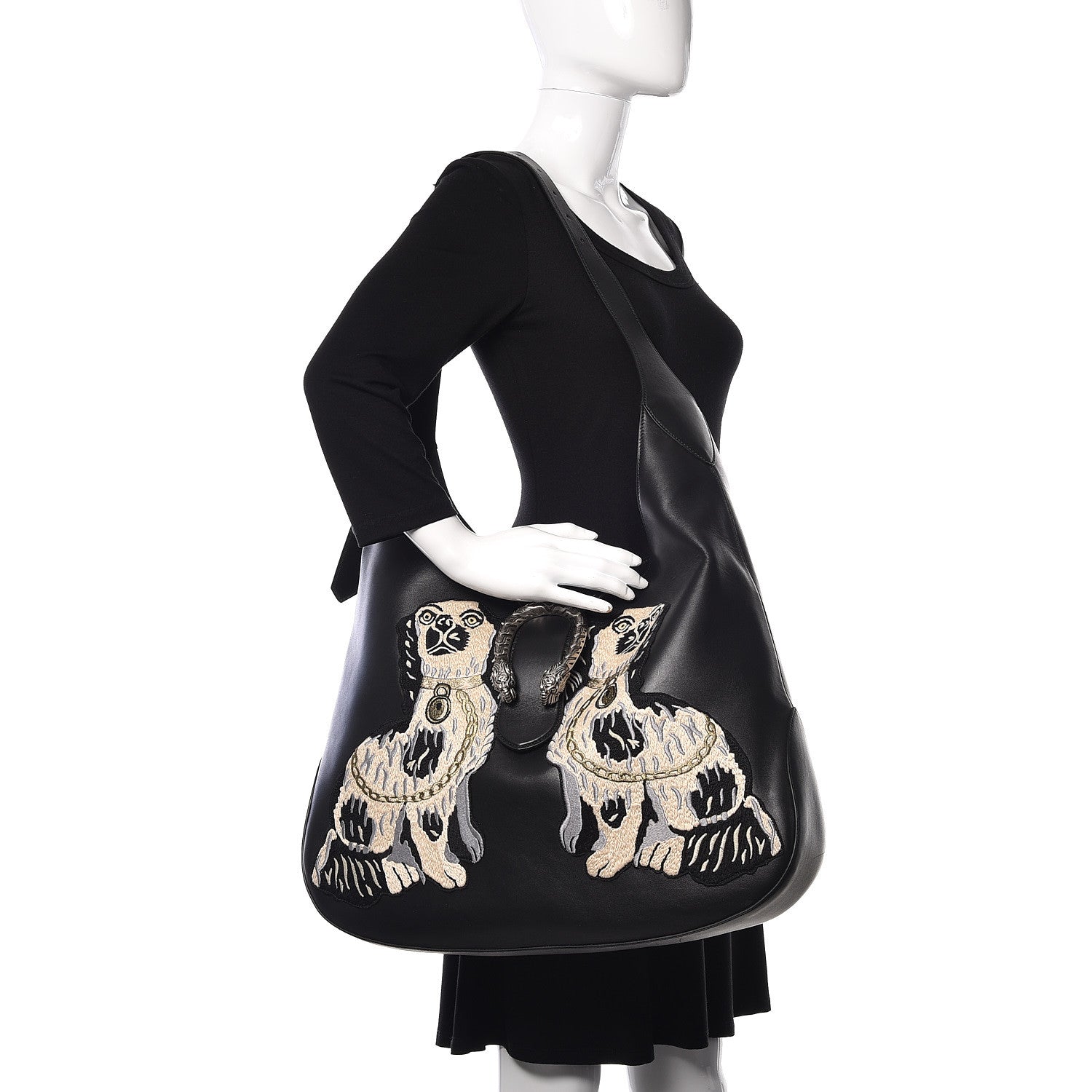 Gucci Calfskin Dog Embroidered Extra Large Dionysus Hobo Black 2 of 14