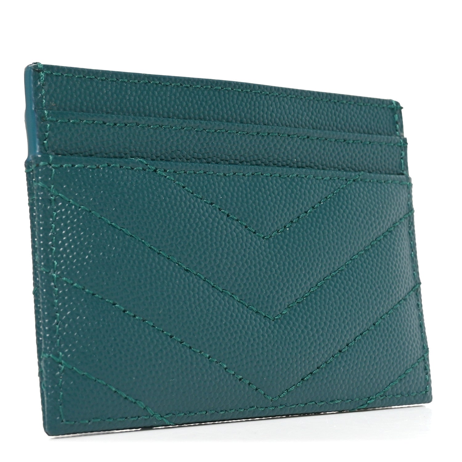Saint Laurent Grain De Poudre Matelasse Chevron Monogram Credit Card Case Peacock Green 3 of 7