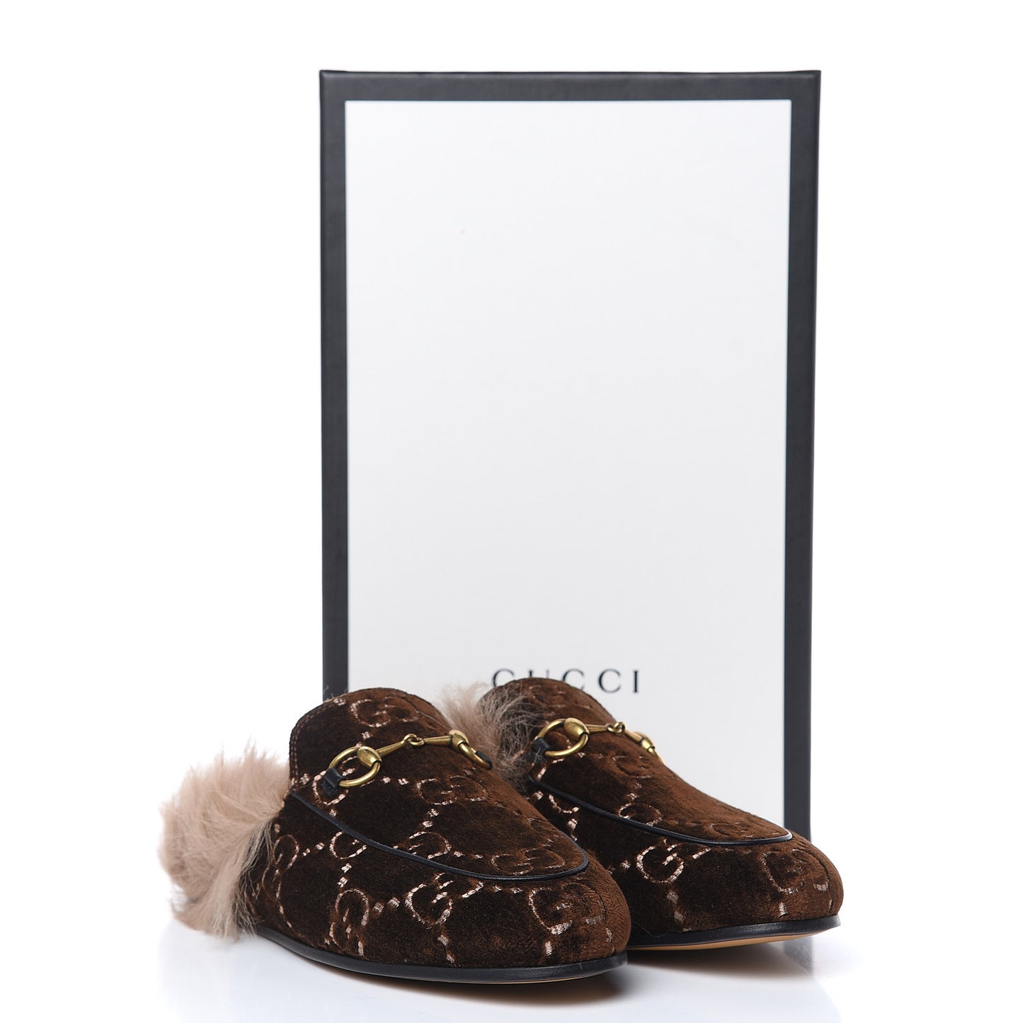 Velvet GG Monogram Fur Womens Princetown Slippers 37.5 Brown Black Natural