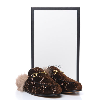 Gucci Velvet GG Monogram Fur Womens Princetown Slippers 37.5 Brown Black Natural 9 of 9