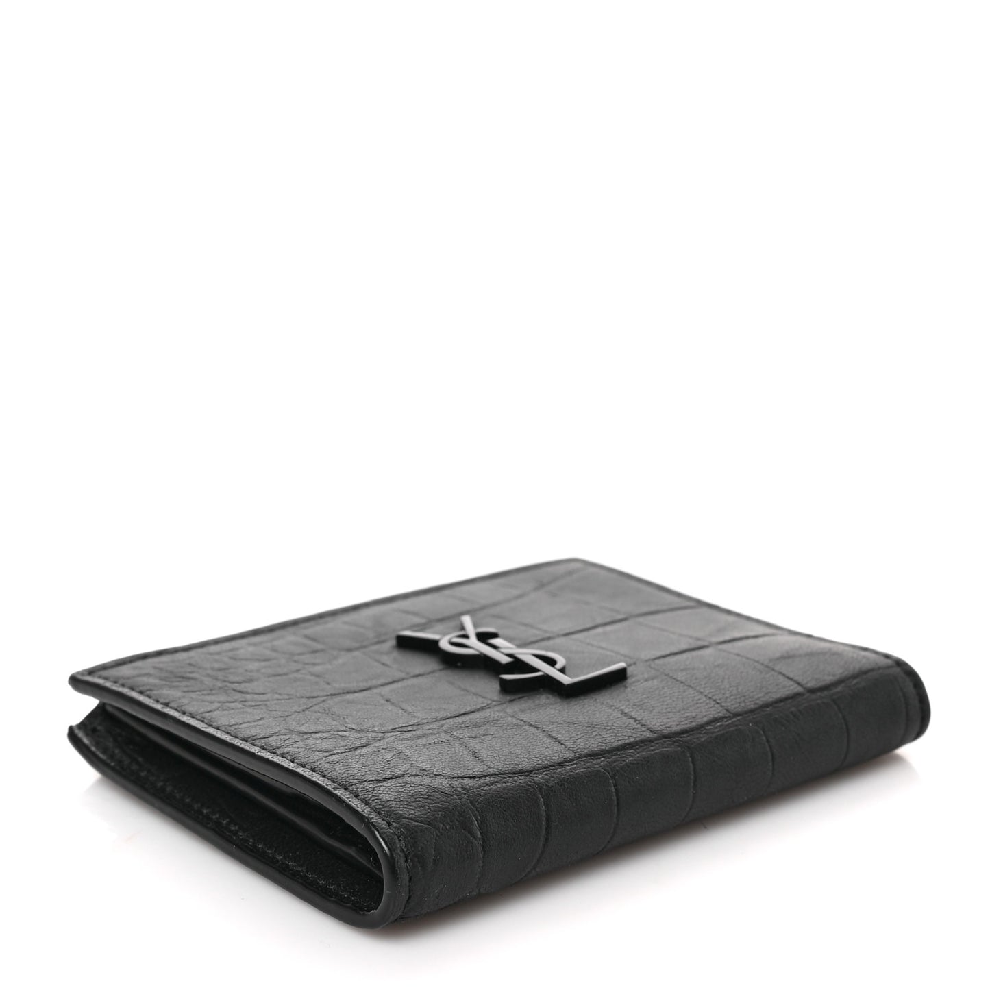 Calfskin Crocodile Embossed Monogram Zipped Card Case Black