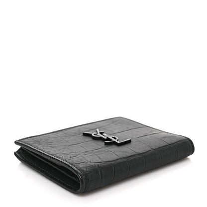 Saint Laurent Calfskin Crocodile Embossed Monogram Zipped Card Case Black 4 of 6