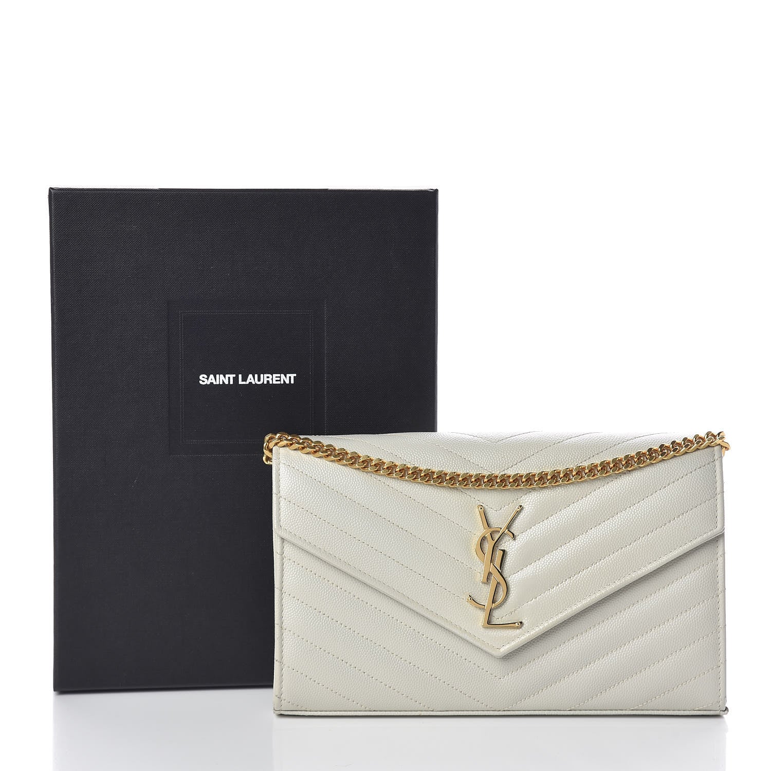 Saint Laurent Grain De Poudre Matelasse Chevron Monogram Chain Wallet Crema Soft 10 of 10