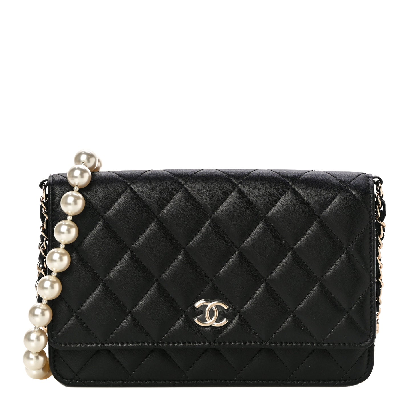 Lambskin Quilted Pearl Wallet On Chain WOC Black
