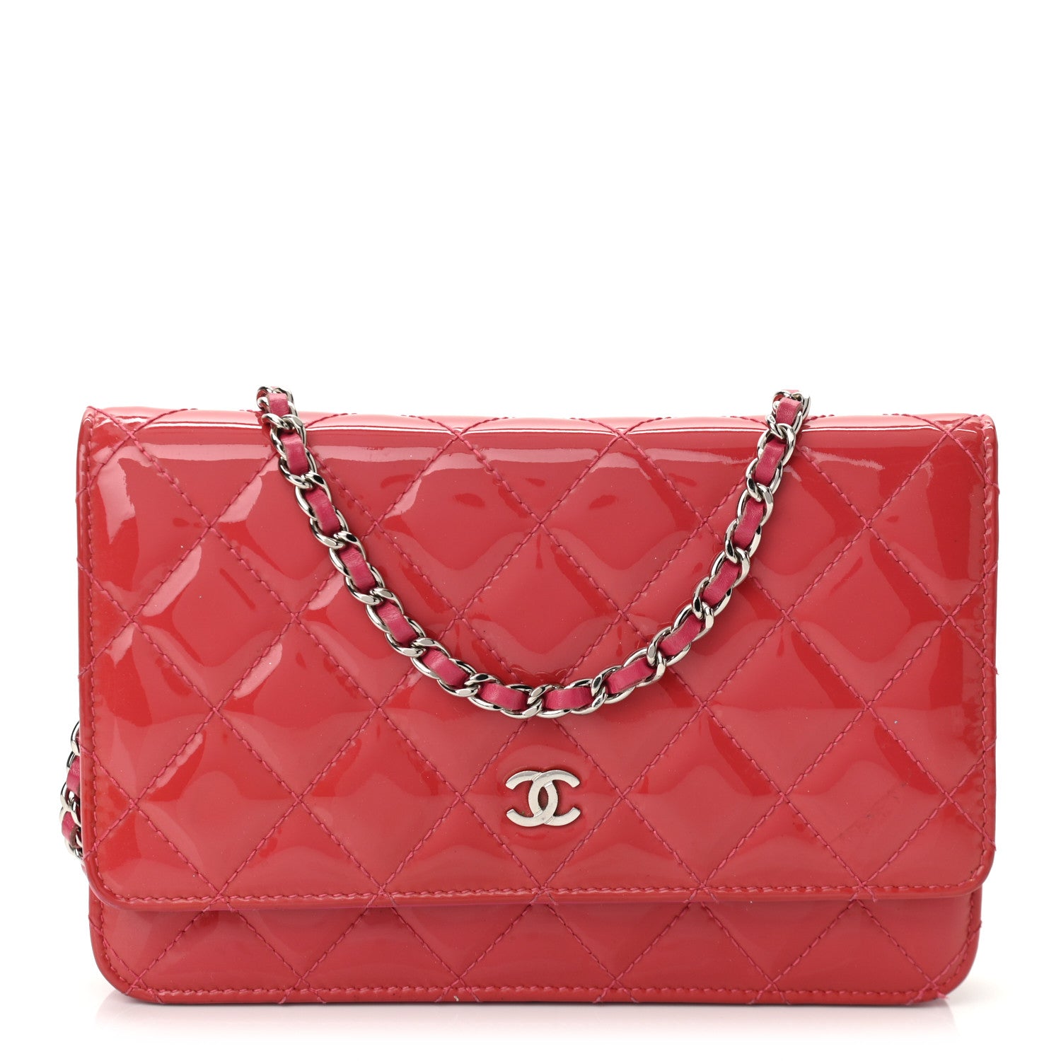 Chanel Patent Calfskin Quilted Wallet On Chain WOC Pink 1 of 15
