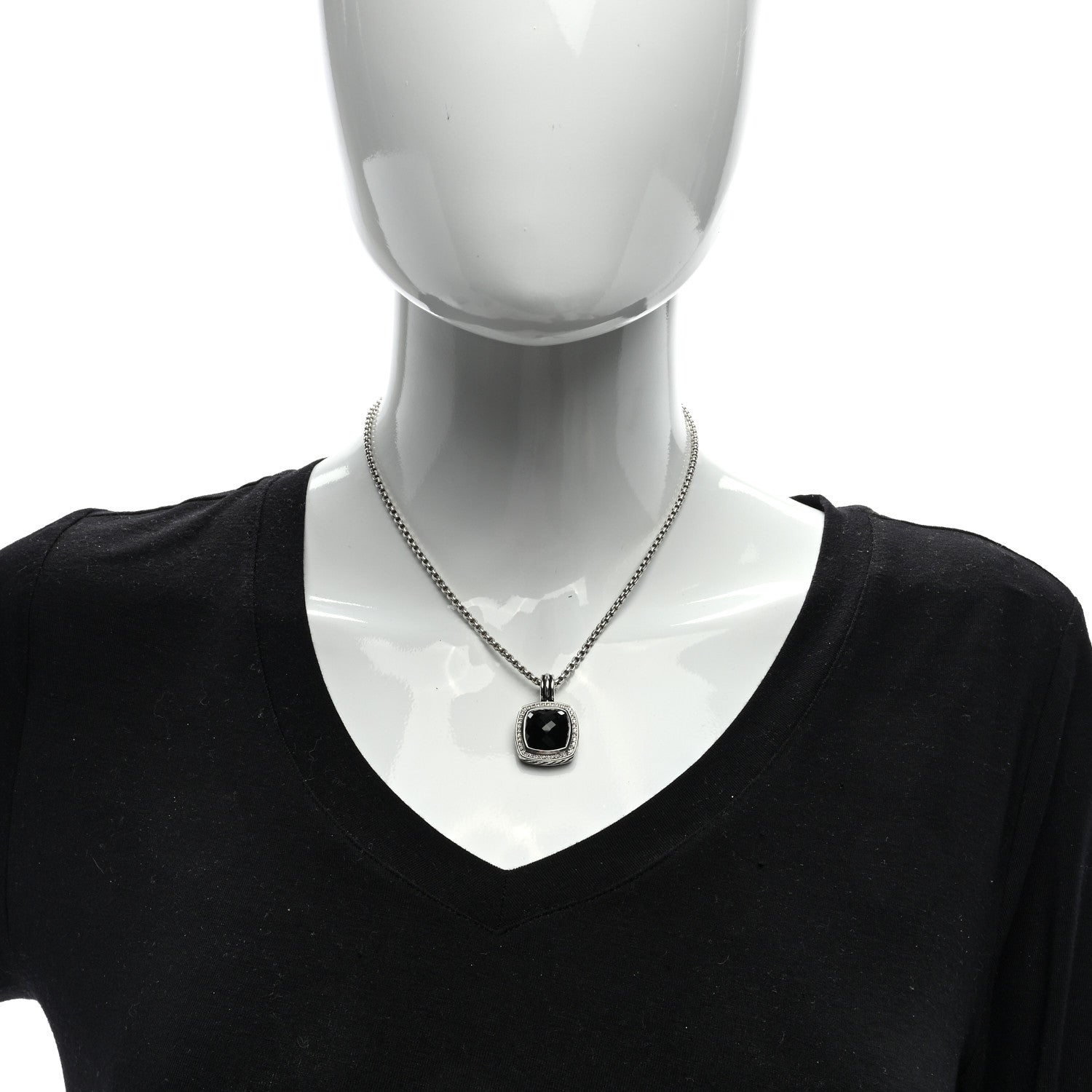 David Yurman Sterling Silver Diamond Black Onyx 11mm Albion Pendant Necklace 3 of 4