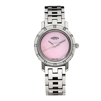 Hermes Stainless Steel Diamond 23mm Clipper Quartz Watch Pink Guilloche 1 of 6