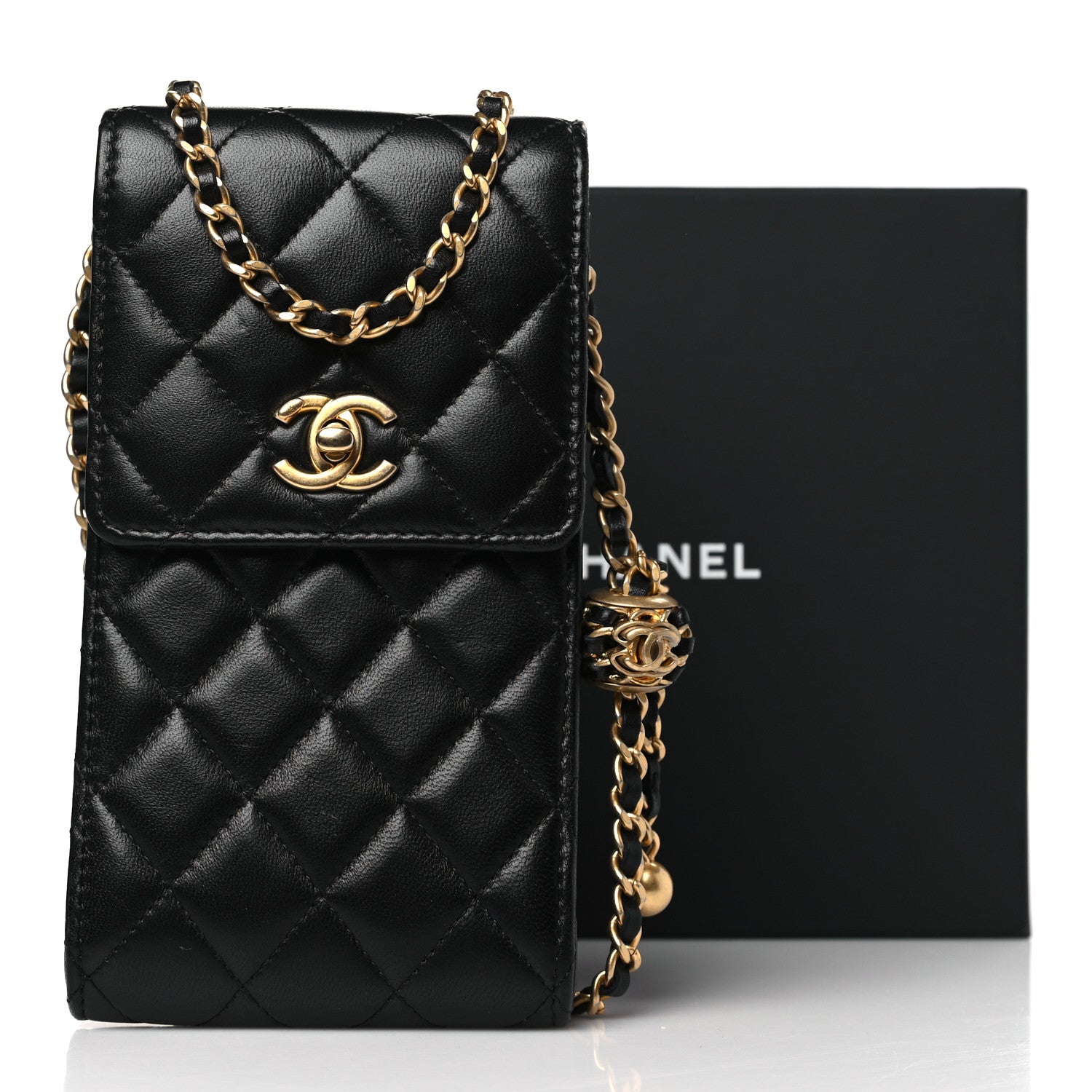 Chanel Lambskin Quilted Pearl Crush Phone Holder With Chain Black 3 of 11