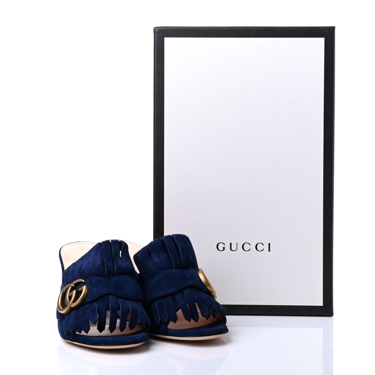 Gucci Kid Scamosciato GG Marmont Fringe 75mm Slide Sandals 36 Blue Ink 9 of 9