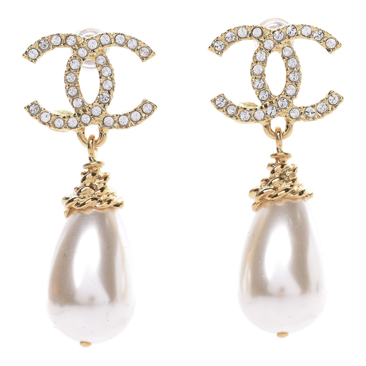 Chanel Crystal Pearl CC Braided Drop Earrings Gold 1 of 5