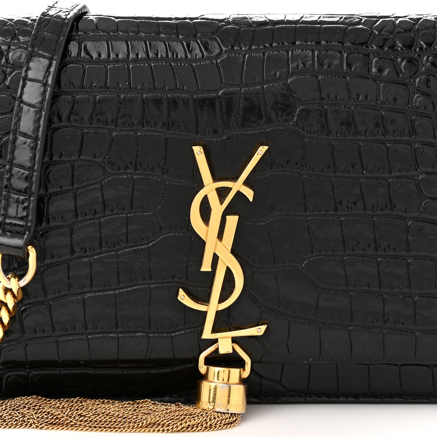 Calfskin Crocodile Embossed Kate Monogram Tassel Chain Wallet Black