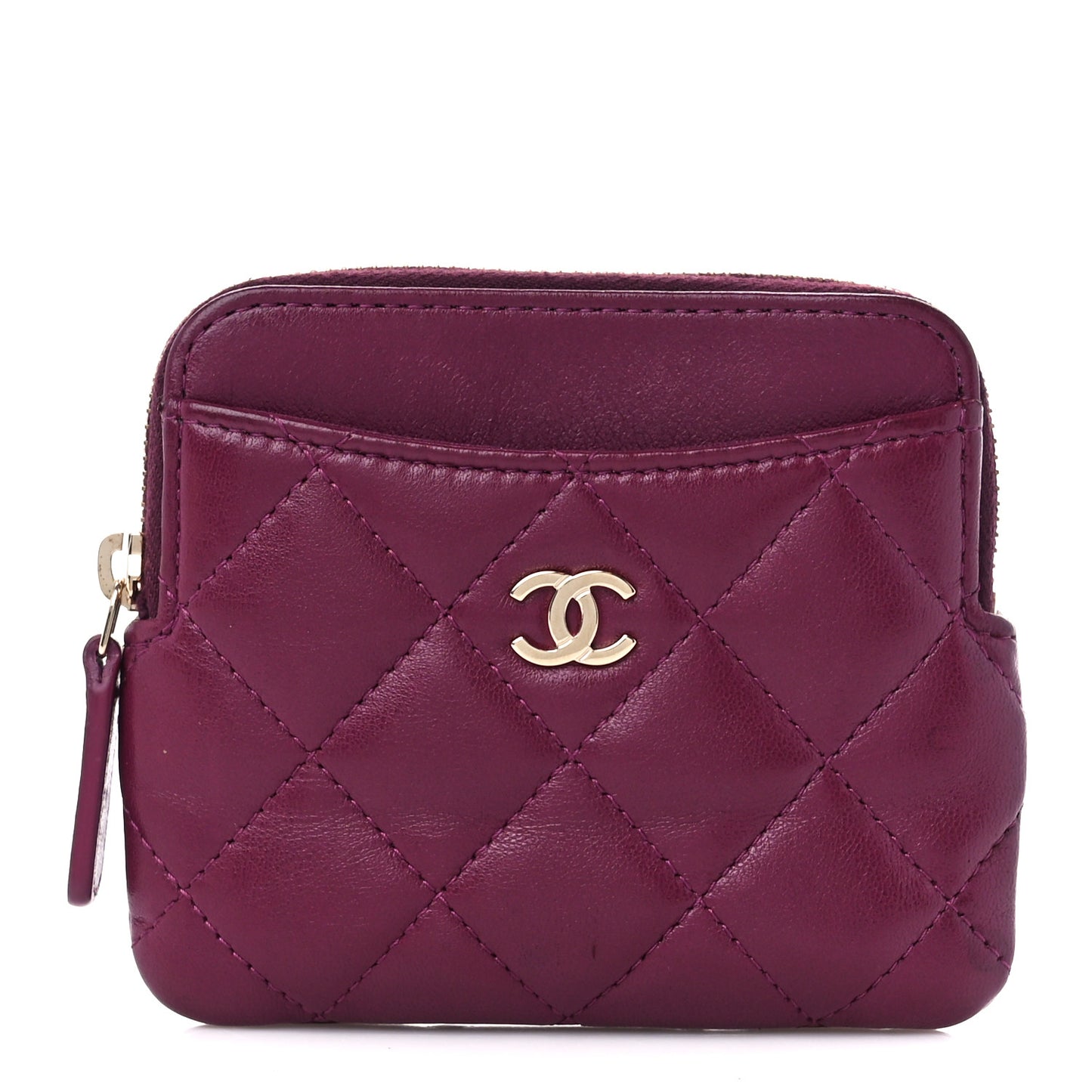 Lambskin Quilted Zip Card Holder Wallet Burgundy
