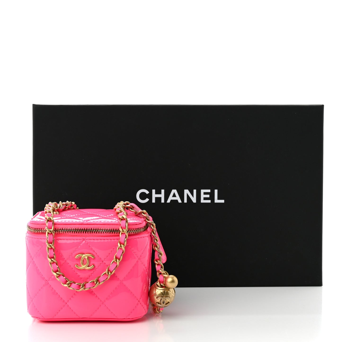 Patent Quilted Pearl Crush Mini Vanity Case With Chain Neon Pink