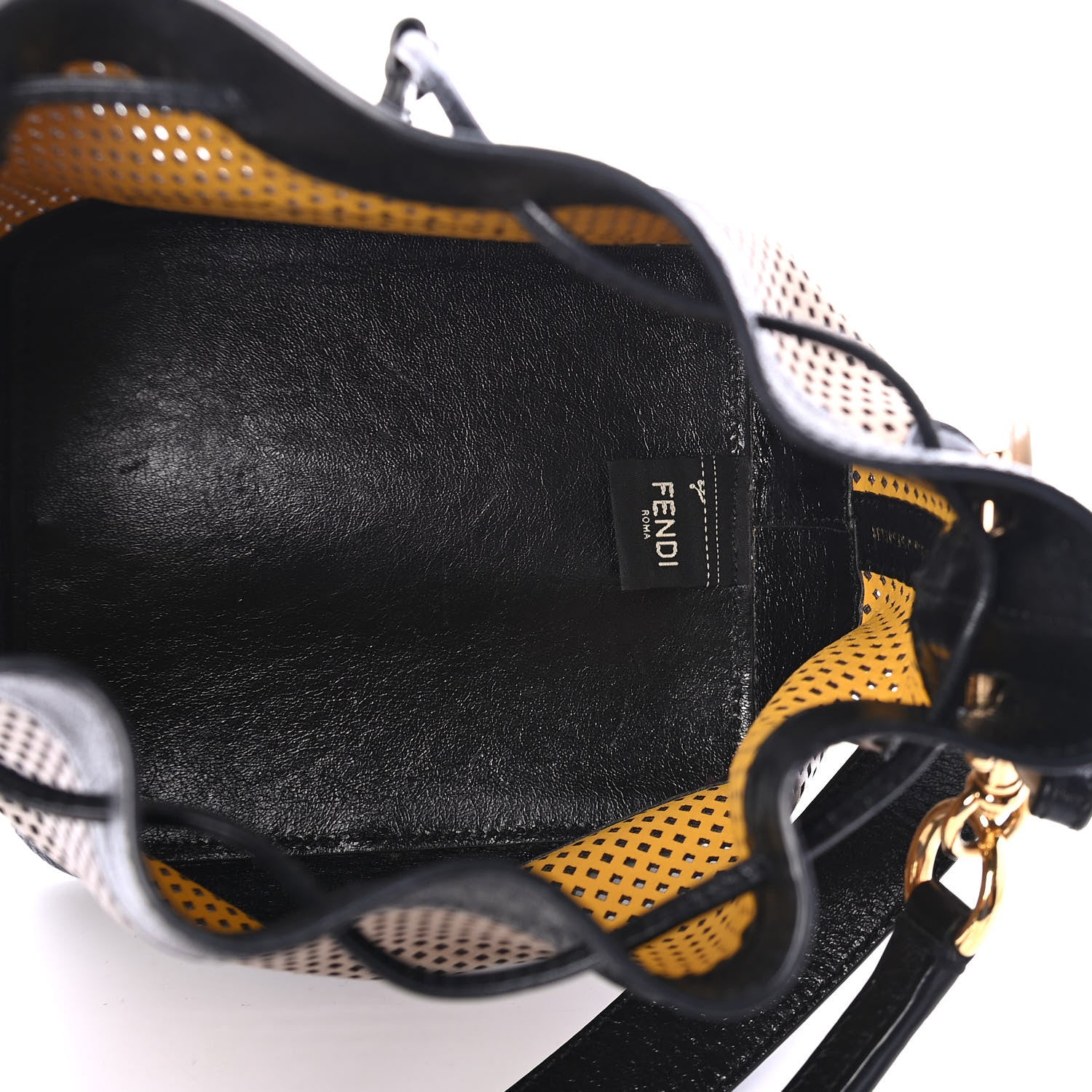 Fendi Vitello Liberty Glossy Lambskin F is Fendi Perforated Large Mon Tresor Bucket Bag Sand Mimosa Black 4 of 4