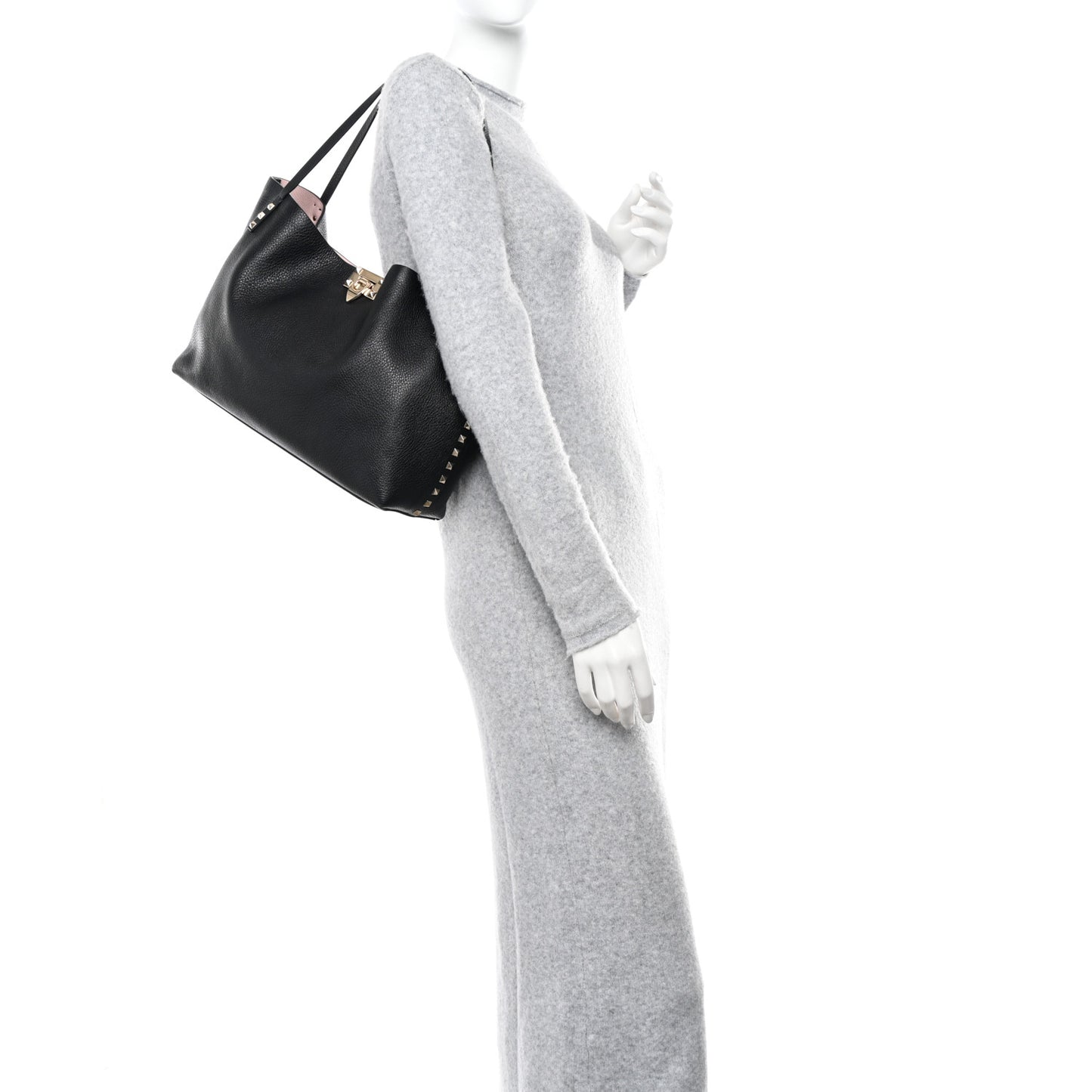 Grainy Calfskin Medium Rockstud Tote Black Rose Quartz