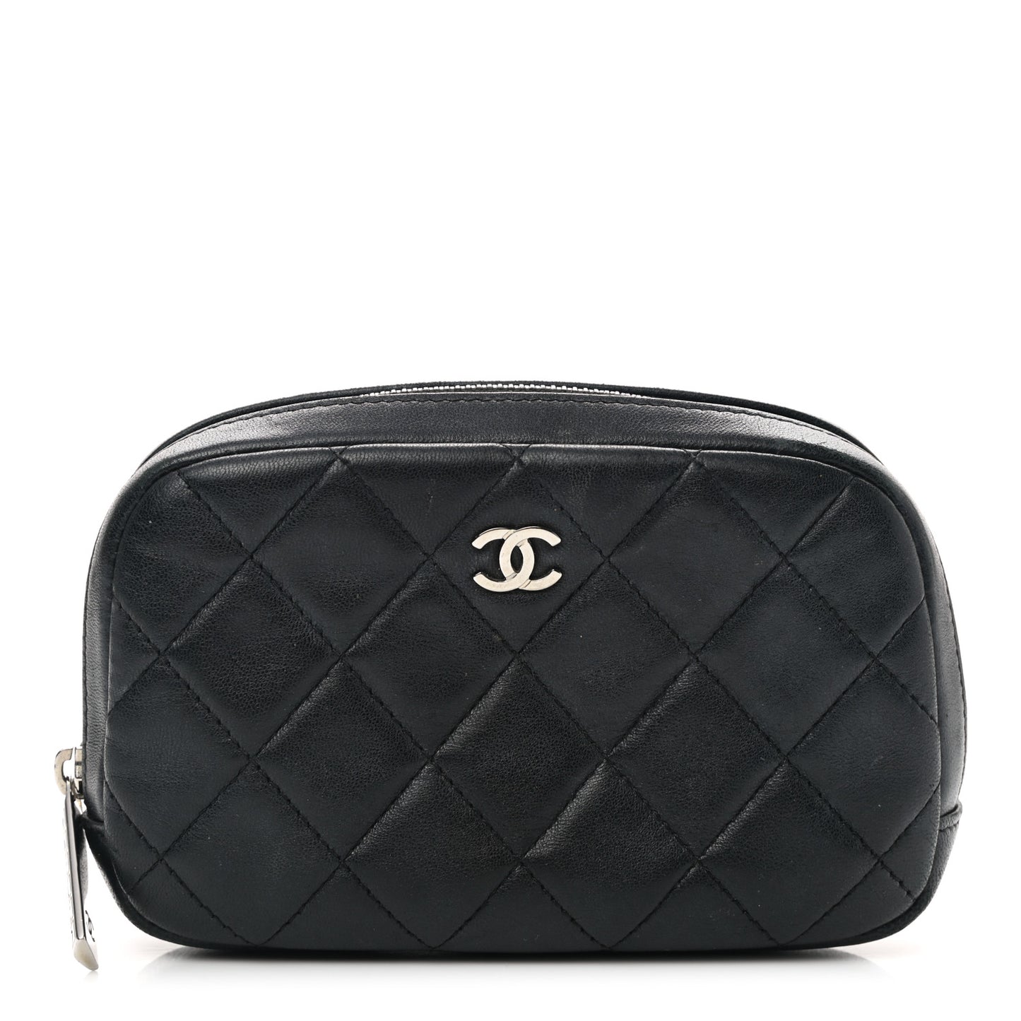Lambskin Quilted Small Curvy Pouch Cosmetic Case Black