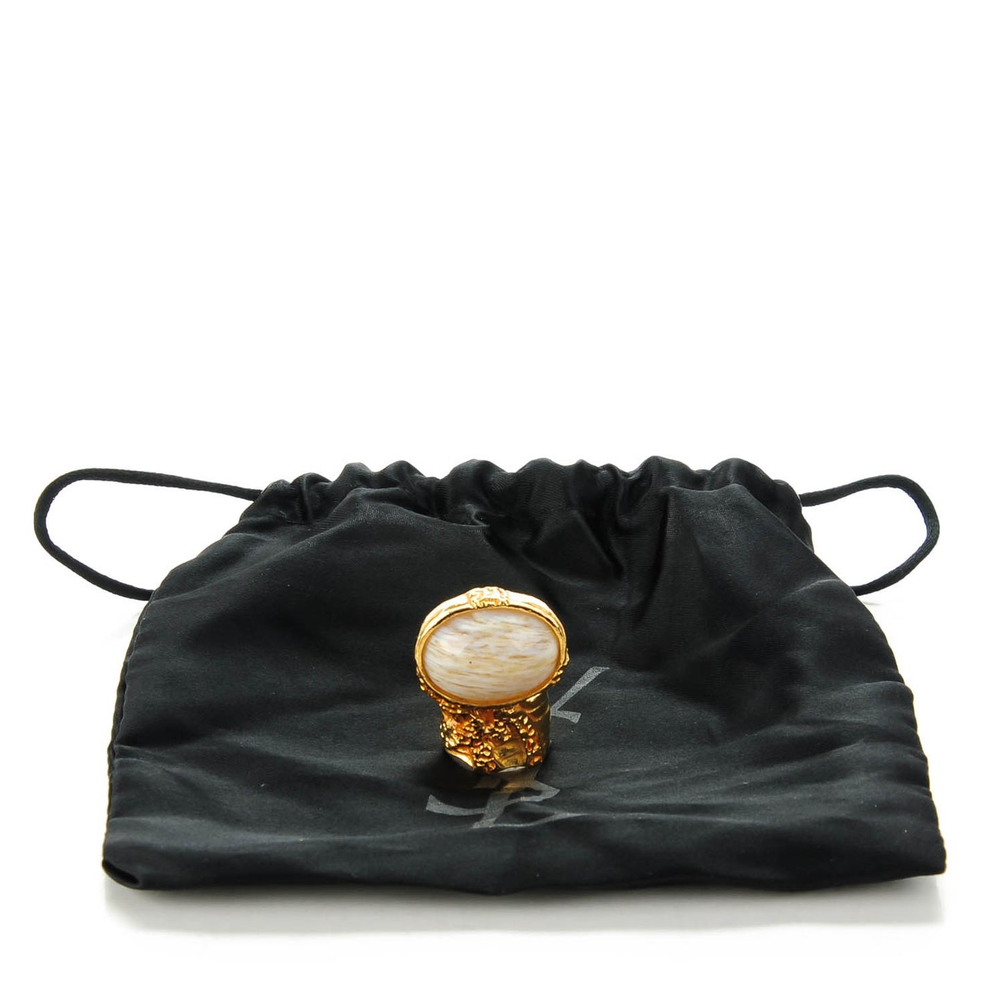 Glass Cabochon Arty Ovale Ring 6 Gold White