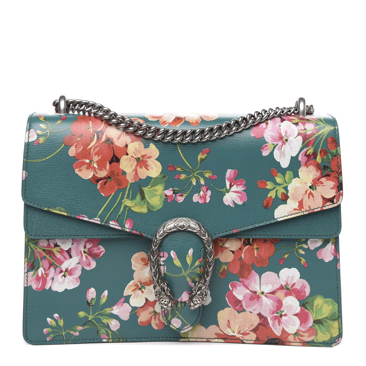 Calfskin Blooms Print Medium Dionysus Shoulder Bag Bright Emerald Multicolor