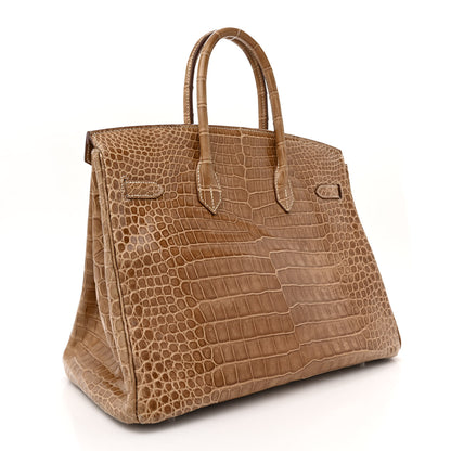 Hermes Shiny Porosus Crocodile Horseshoe Birkin 35 Ficelle Gold 3 of 16