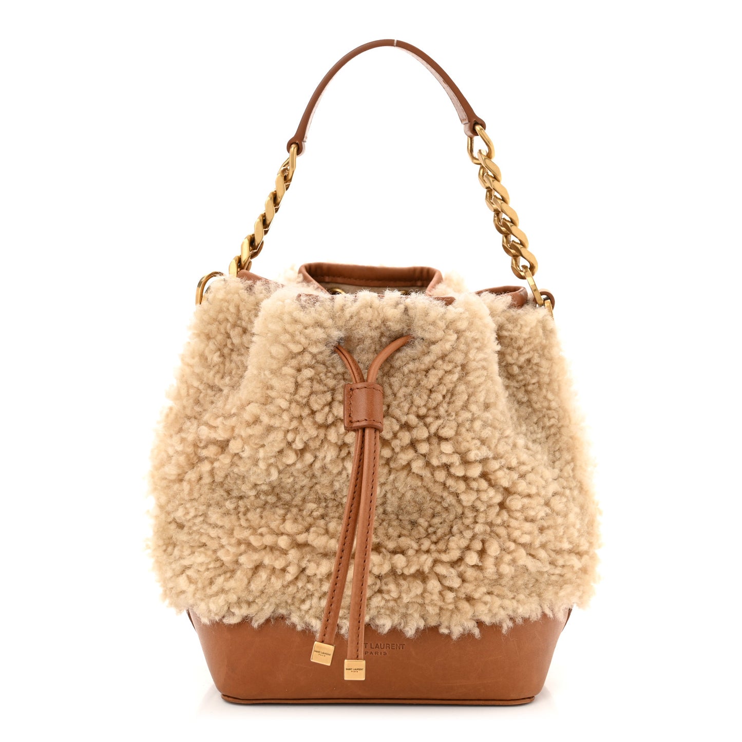 Shearling Calfskin Small Emmanuelle Bucket Bag Natural Beige Brick