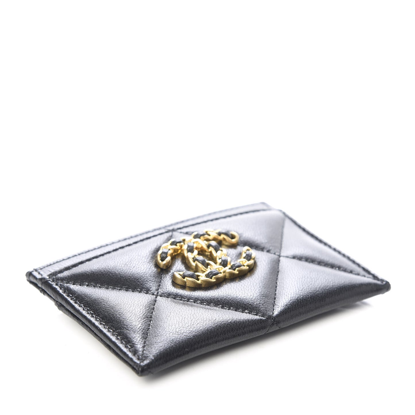 Shiny Goatskin Quilted Chanel 19 Card Holder Black