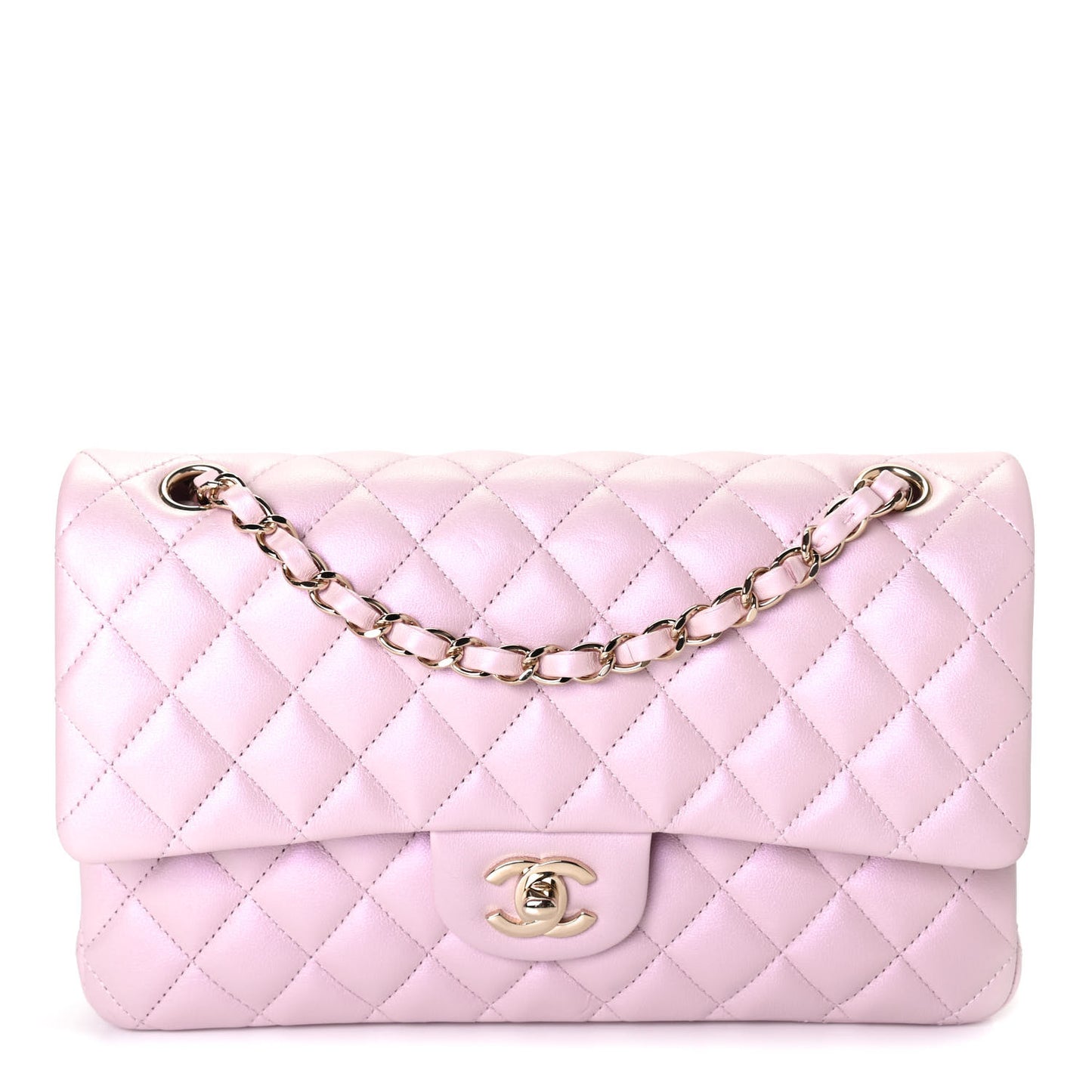 Iridescent Calfskin Quilted Medium Double Flap Light Pink